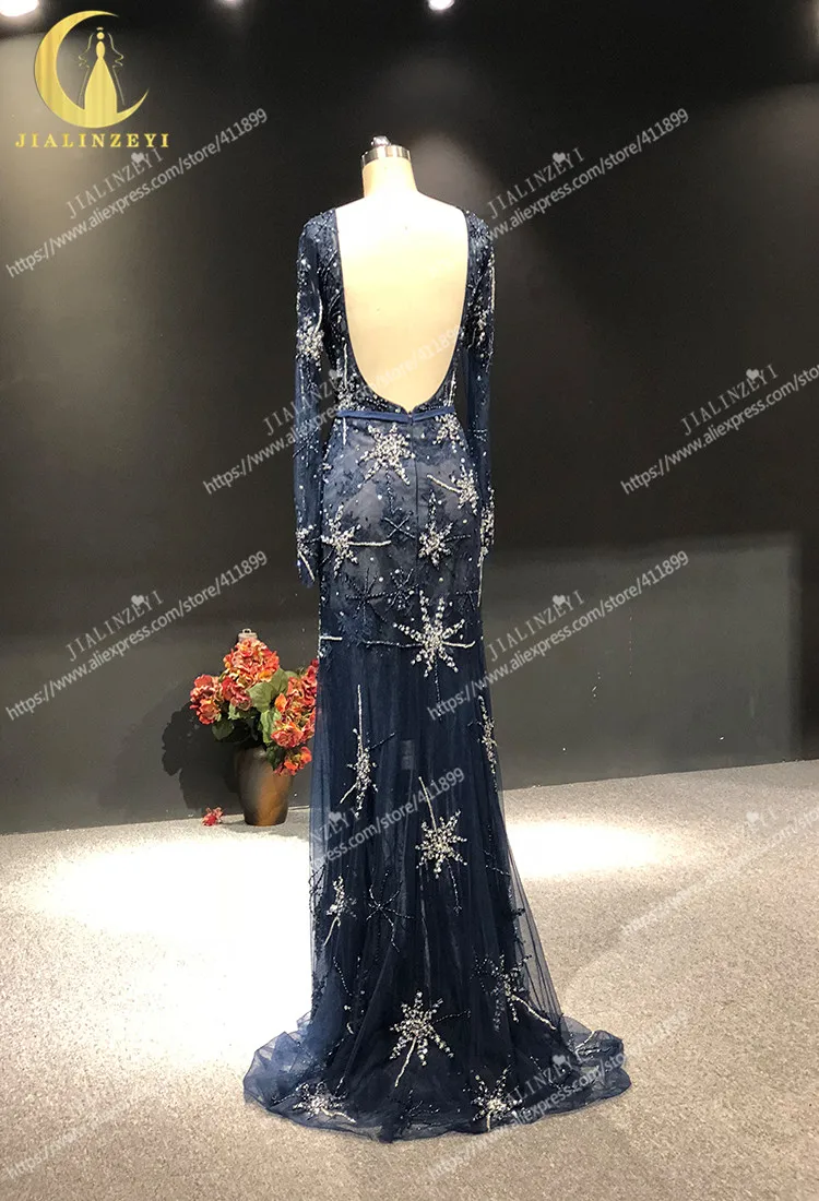 JIALINZEYI реальное изображение роскошное темно-синее с длинными рукавами с бисером кристалл в форме русалки с низким вырезом на спине длинное вечернее платье платья вечернее платье