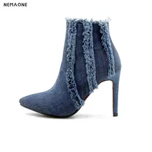 NEMAONE 2019 New denim women high heels ankle boots woman spring autumn party dress ladies shoes large size 43