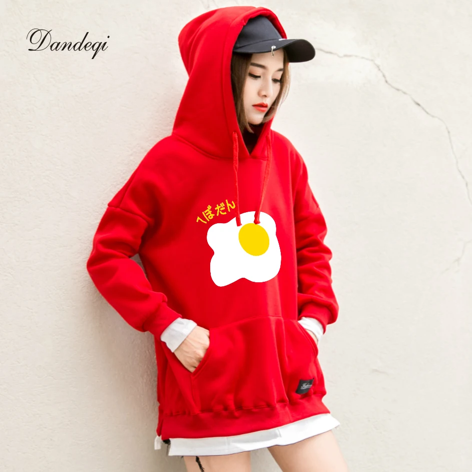 

Women Hoodies Harajuku Autumn Thick Kawaii Poached Egg Printed Lovely Japanese Style Letters Fleece Winter Hoodes Sweatshirt