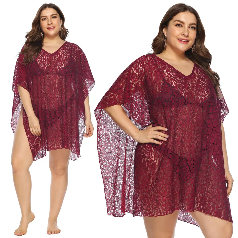 

Pareo For The Beach Bikini Cover Up Dresses Summer 2019 Beaches Plus Size Dress Irregular Neck Lace Smock Female Solid Spandex
