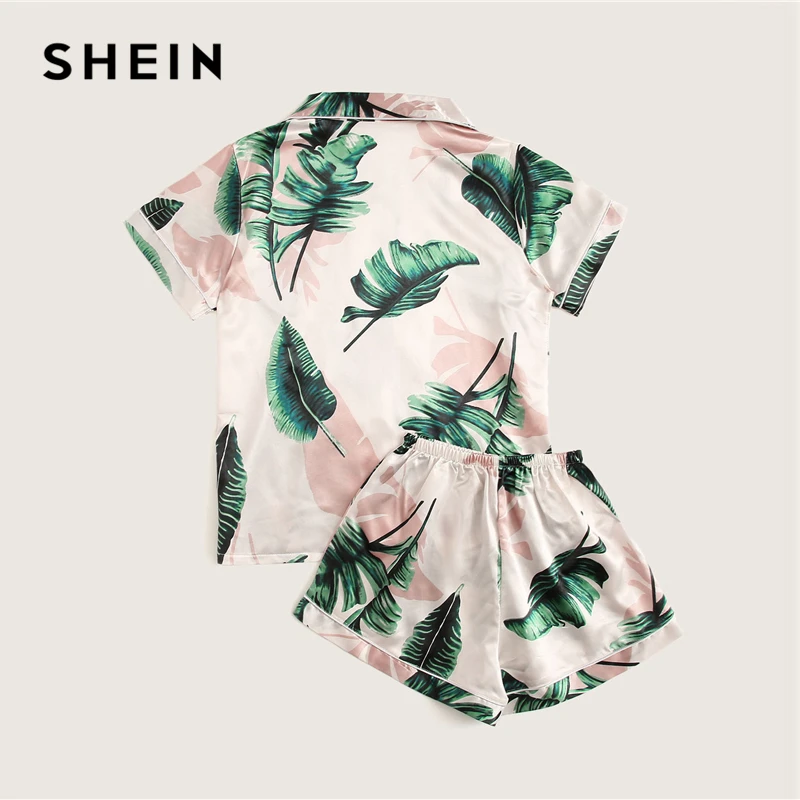 SHEIN, Атласный пижамный комплект с тропическим принтом, повседневная одежда для сна, комплекты с шортами, короткий рукав, карман, женский летний пижамный комплект