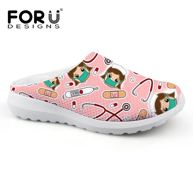 FORUDESIGNS Women Summer Sandals Cute Cartoon Nurse Pattern Women Breathable Mesh House Slippers Flats Beach Sandals Girls Shoes