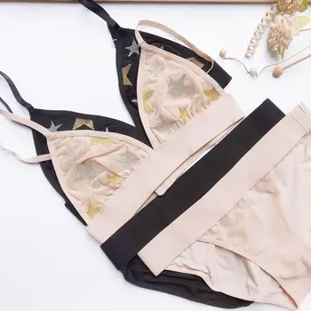 

Europe Women Sexy Beautiful Underwear Little Stars Embroidery Bra Set Wire-Free Triangle Cup Ultra-thin French Bralette Lingerie