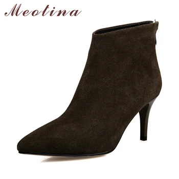 

Meotina 2018 Women Ankle Boots Winter Pointed Toe Boots Zipper High Heel Women Short Boots Thin Heels Ladies Fashion Shoes Green