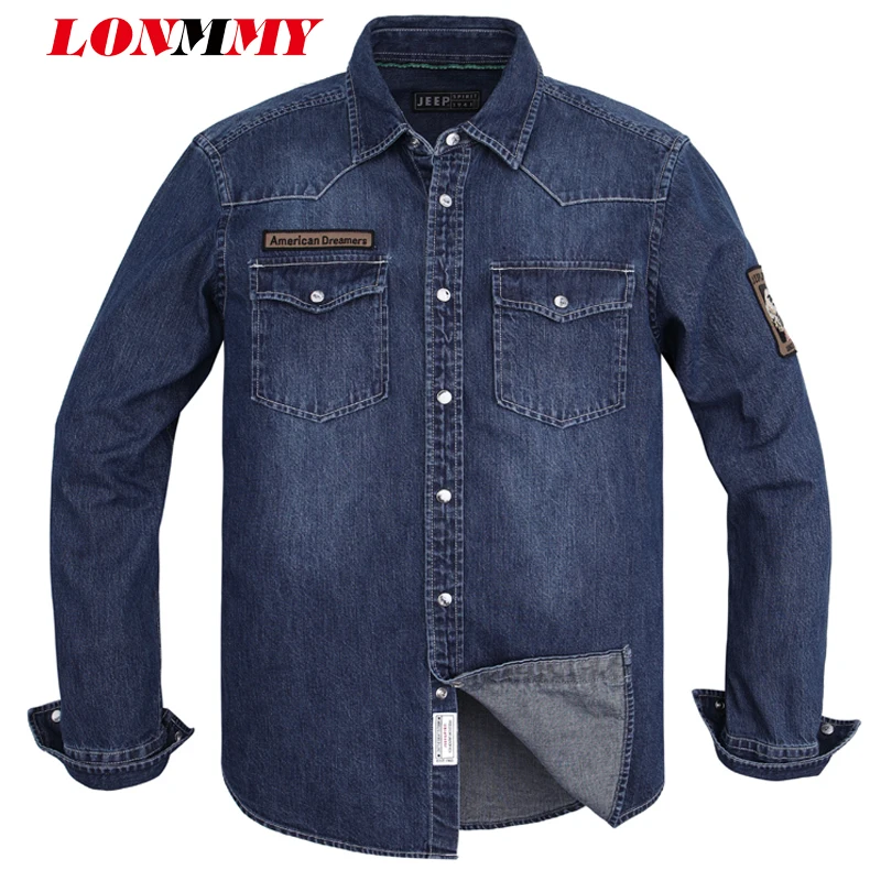 LONMMY деним для мужчин s рубашки для мальчиков camisa социальной masculina Мода Военная Униформа Slim fit хлопковые рубашки одежда синий деним 2018 весн