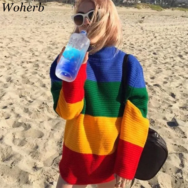 Woherb Harajuku, уличная одежда, осень, Радужный свитер, женский свободный вязаный пуловер, Женский винтажный джемпер, Sueter Mujer 20274