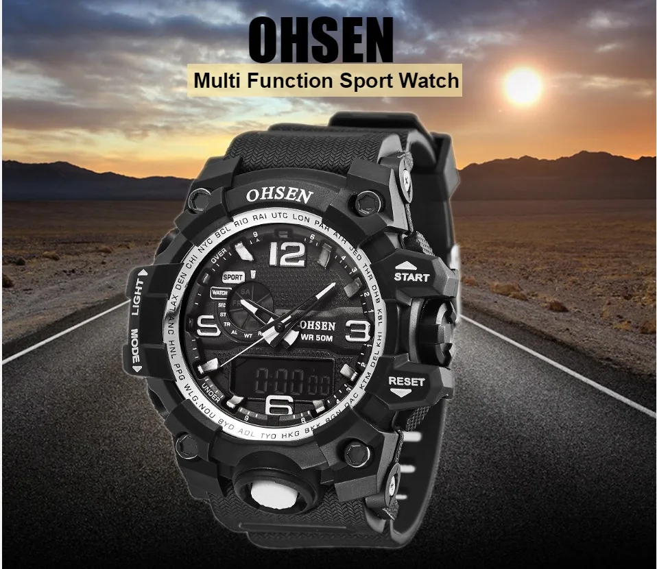 Топ продаж OHSEN брендовые модные цифровые спортивные часы мужские кварцевые наручные часы с резиновым ремешком Белые Водонепроницаемые ЖК-часы мужские ручные часы