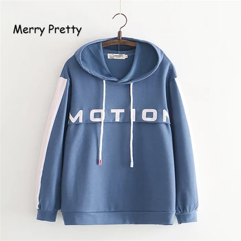

MERRY PRETTY Women Blue Hooded Sweatshirts 2018 Autumn Long Sleeve Drawstring Pullovers Femme MOTION Letter Print Casual Hoodies