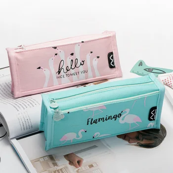 

Flamingo Pencil Bag Candy Color Pen Holder Bag Kawaii Pencil Case for School Girl Fabric Pen Bag 2 Zippers Eraser Organizer Bag