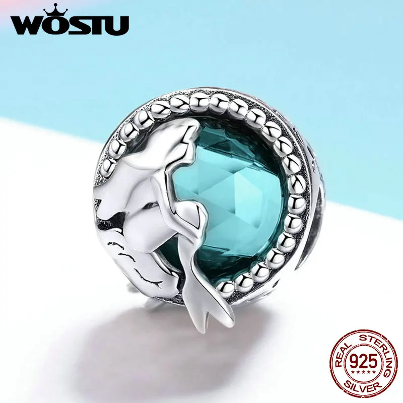 

WOSTU 100% Real 925 Sterling Silver Sea Blue Mermaid Round Metal Charm For Women Bracelets & Necklaces 925 Jewelry Gift BKC888