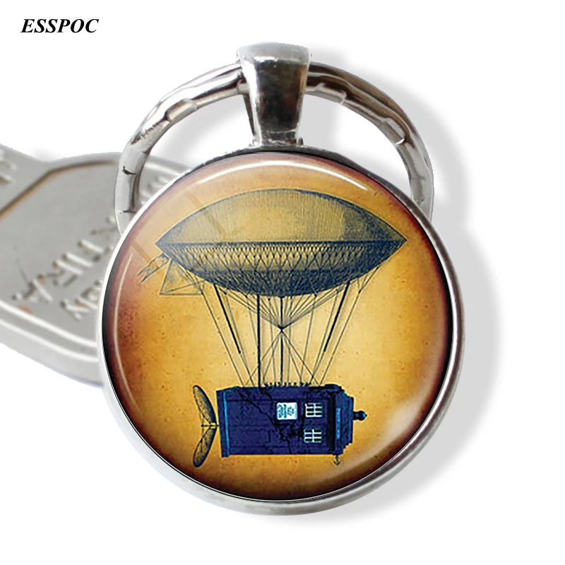 

Steampunk Tardis Hot Air Balloon Accessories Glass Dome Pendant Picture Gem Dr Who Jewelry Key Chain Ring Fob Men Fashion Gift