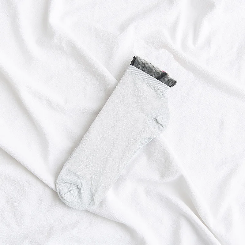 [COSPLACOOL] блестящие кружевные Серебристые ультратонкие прозрачные милые носки в японском стиле, блестящие женские носки в стиле Харадзюку