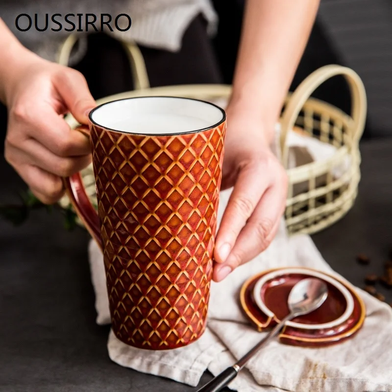 

OUSSIRRO 500ml Europe Retro Ceramic Mug With Spoon With Lid Coffee Creative Office Office Tea Drink Drinkware Couples Gift