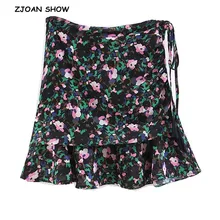 BOHO черный Цветочный принт мини короткие труба юбка праздник женщина шнуровкой Ruched Высокая Талия линия русалка юбки