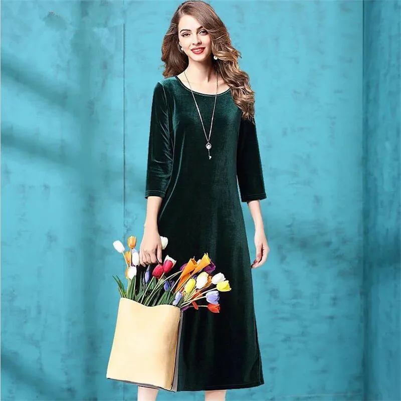 

Women Solid Velvet Sheath Dresses Spring Ladies Round Neck three quarter Sleeve long Elegant Dress plus size velvet drees M-7XL