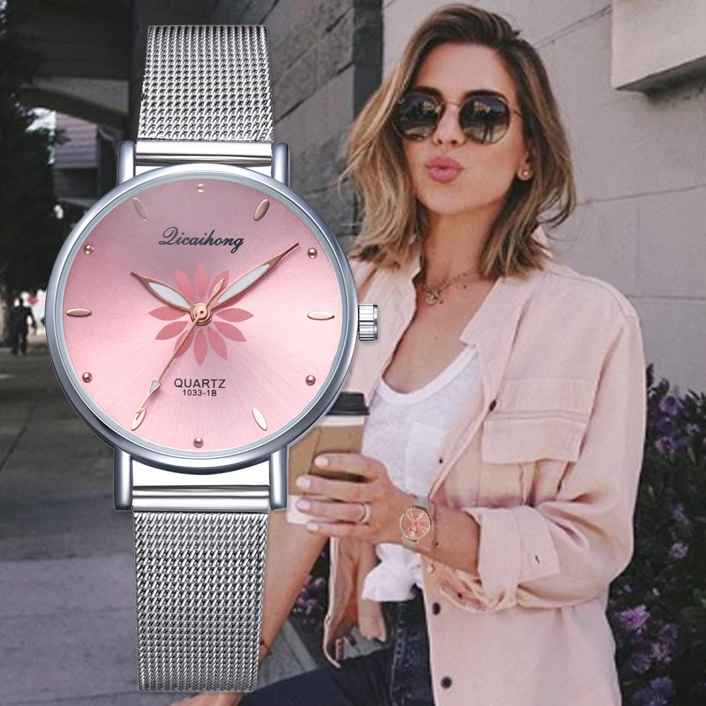 Relojes de pulsera para mujer de plata de lujo Popular esfera Rosa Flores de Metal pulsera de reloj de cuarzo de moda reloj de pulsera 2019