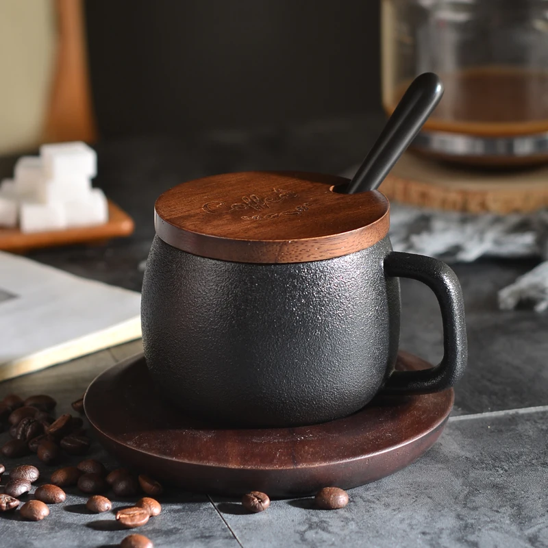 buy 250ML Creative Black Matte Coarse Pottery Coffee Cup with Wooden Saucer Spoon Kit Brief Ceramic Drinkware Office Tea Water Mugs
