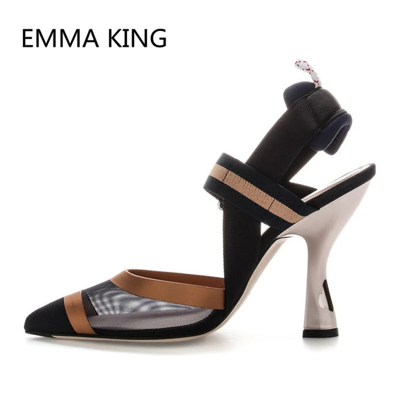 

2019 New Fashion Mesh Striped Slip On Women Pumps Pointed Toe Sexy Ladies Runway Slingbacks Shoes Woman Shallow Party High Heels