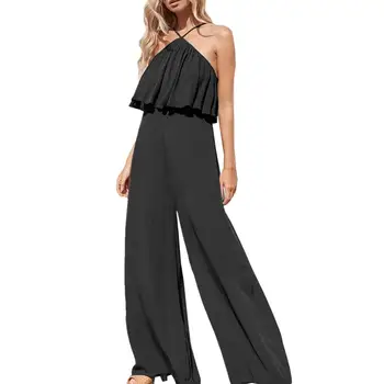 

Women Summer bodysuit Casual Hanging neck Sleeveless Ruffle Jumpsuits Rompers new Boho Floral Wide Leg Long Pants Trousers