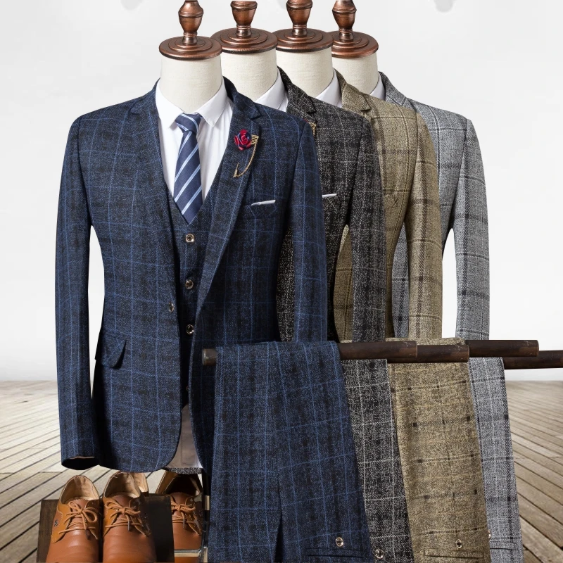 

2018 Autumn Men's Plaid Suit Jackets with Suit Vests and Suit Trousers 4 Colors Choose Men Blazers with Waistcoat and Pants