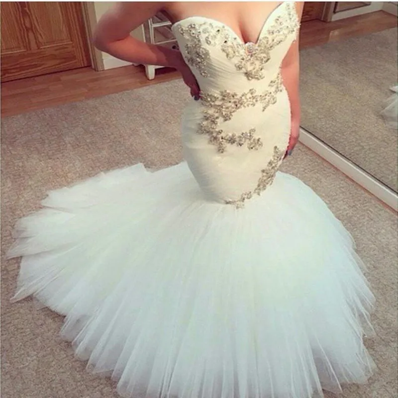 

Mermaid Wedding Dresses With Sweetheart Appliques Beads Bridal Dresses White Floor Length Tulle Fashion Wedding Gowns