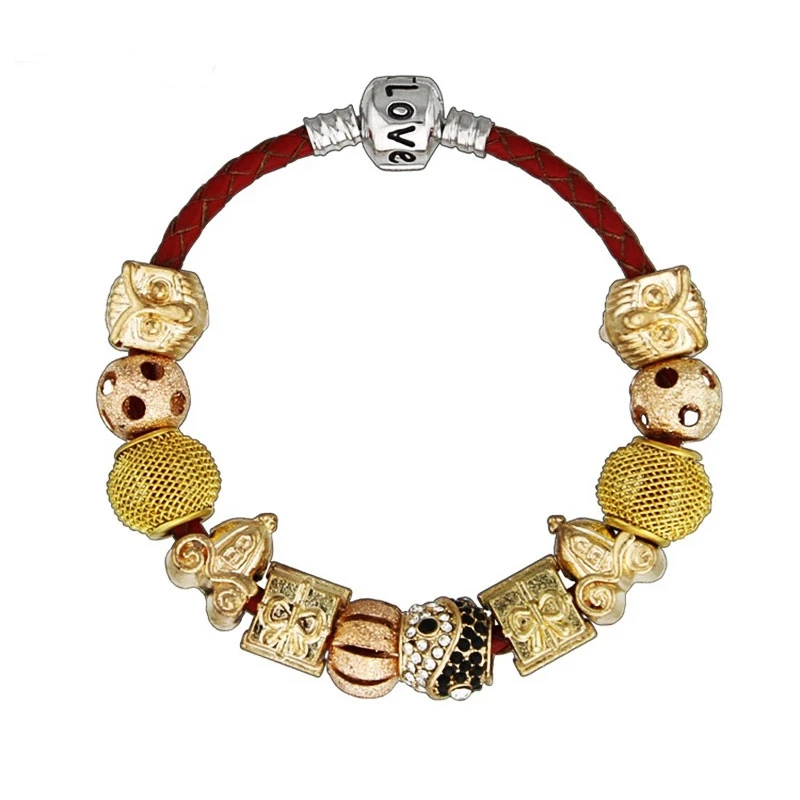 National Red Leather Rope Luxury Gold-color Beads Women Charm Bracelets Mother's Day Gift | Украшения и аксессуары