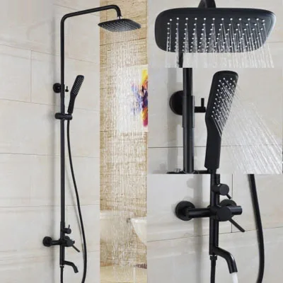 

Bathroom Black Oil Paint Solid Brass Bathtub Shower Set Wall Mounted 8" Rainfall Shower Mixer Tap Faucet 3-functions Mixer Valve