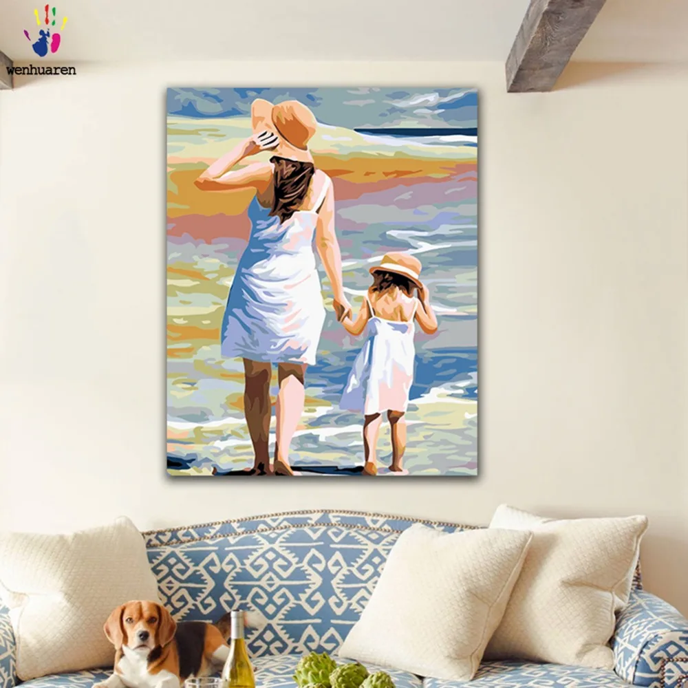 

DIY Painting by numbers Mother and daughter on the beach picture coloring paints by numbers with kits for wall decor
