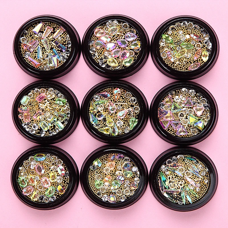 

ZJS01-12 MIX 9 Shape AB Iridescent Nail Stud Metal&Beads Nail Art Charm 3D DIY Pendant Charm Manicure Tool For UV Gel Polish