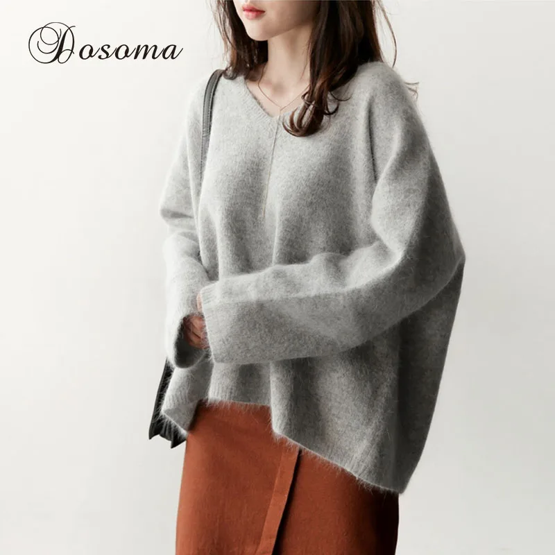 Mink Cashmere Sweater Women Long Sleeve Pullover Sweaters for Girls Winter Underwear Knit Grey V-neck Plus Size Pullovers Autumn | Женская