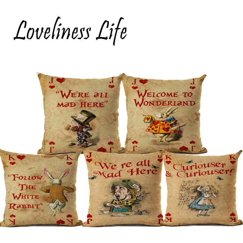 

Vintage Poker Card Design Cushion Cover Illustration Cushion Rabbit Praiser Girls Wonderland Retro Home Decorative Pillow Cover