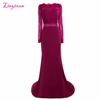 

Linyixun Real Photo Boat Neck Lace Mermaid Prom Dresses 2017 with Sashes Sweep Train Long Sleeve Evening Gowns Custom Made