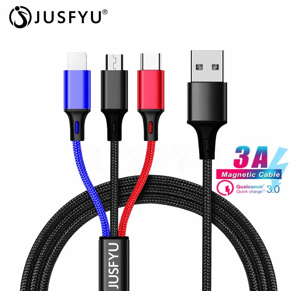 

JUSFYU 3 in 1 USB Cable For iPhone XS MAX Micro USB Type C 3A USB C Cable For Mobile Phone Charger Micro USB Cord Charging Cable