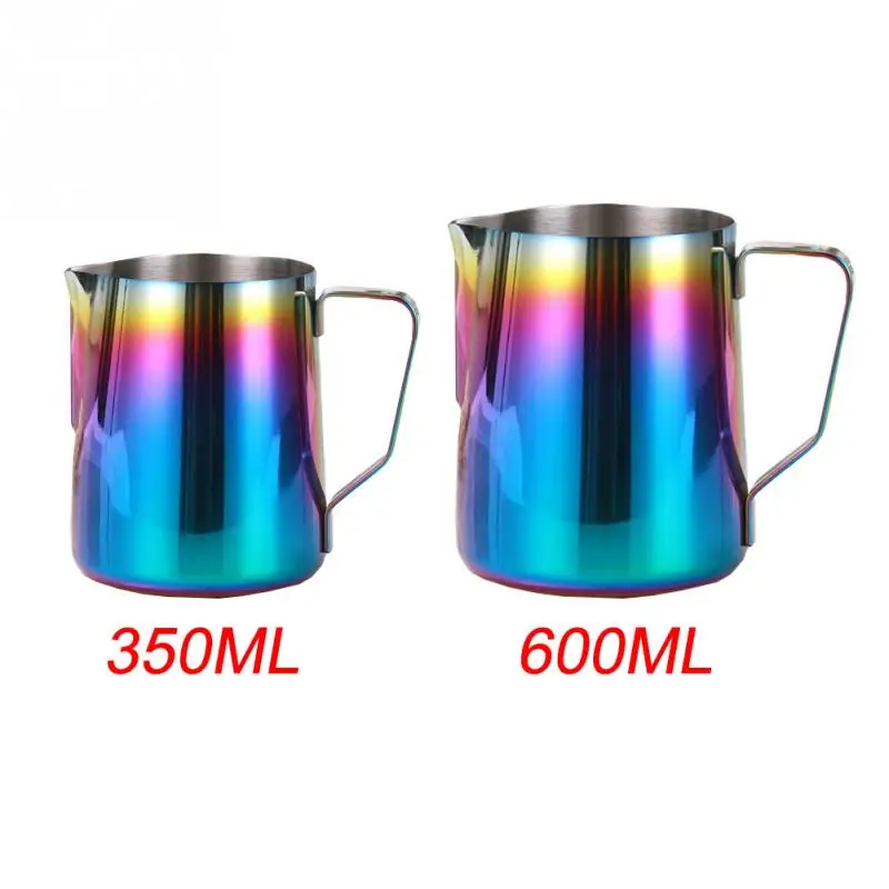 

New arrival Frothing Stainless Steel handle ear Cup Milk Jug 350ml / 600ml Pitcher Pull Flower colorful surface
