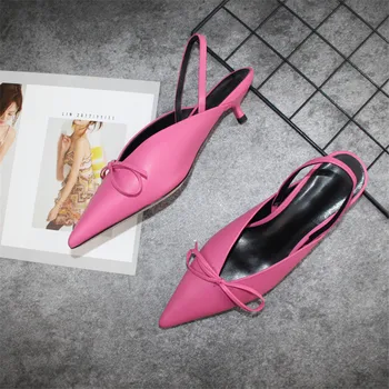 

Pointed Toe Bow-Knot Pumps Shoes Women Sheepskin Slip-On Middle Heel Spring Summer High Heels Sapato Feminino Kitten Heels