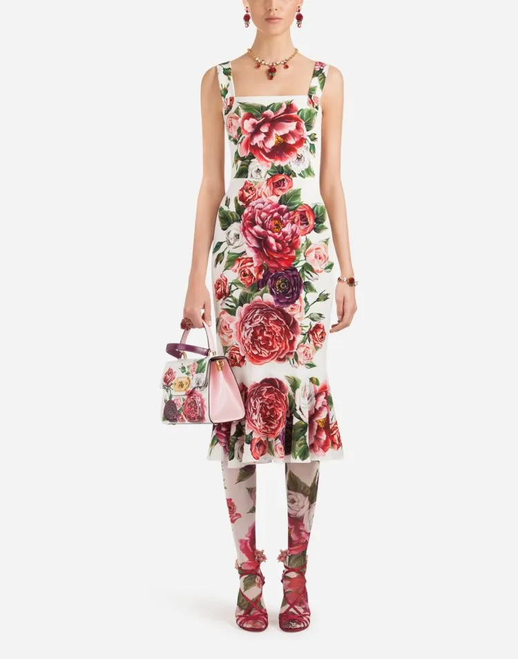 

Customize Women Plus Size 3XS-10XL Vintage Sleeveless Spaghetti Strap Floral Print Mid-Calf Bodycon Trumpet / Mermaid Dress