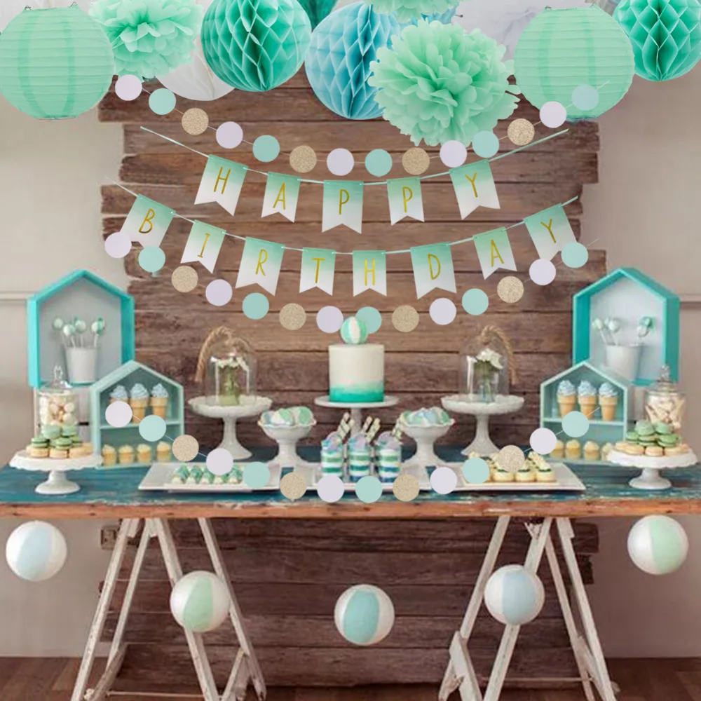 

Mint Happy Birthday Banner Decaorations Gold Dots Garland Fresh Color Birthday Supplies