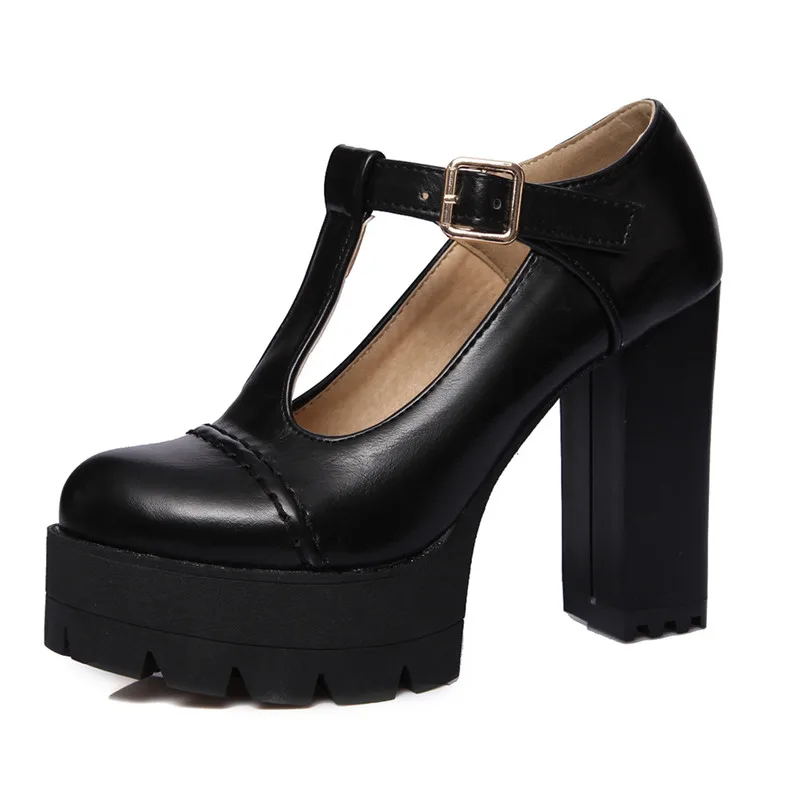 Gdgydh/модные женские туфли-лодочки женские тонкие туфли с Т-образной пряжкой и круглым носком женские туфли на платформе и толстом каблуке русский размер 43 - Цвет: black