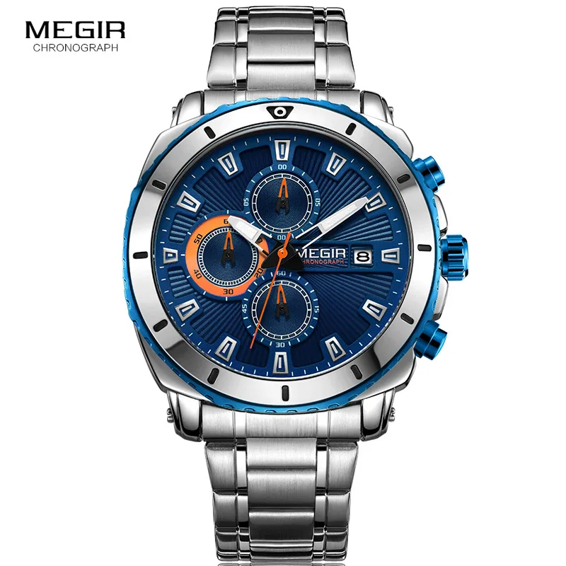 

MEGIR Men' Chronograph Quartz Watches Stainless Steel Formal Dress Analogue Wristwatche for Man Blue Dial Luminous Hands 2075G-2