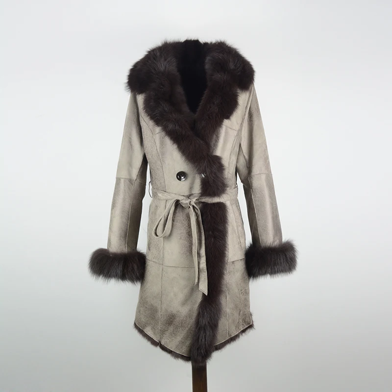 Real Fur Shearling Coat Women Real Fox Fur Collar Natural Rabbit Fur Shearling Outwear rf0289