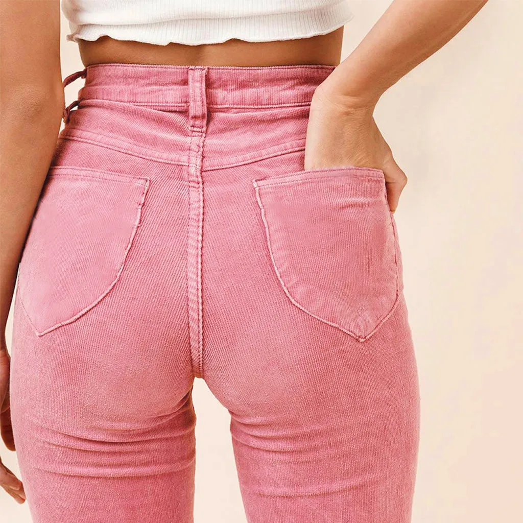 Розовая Вельветовая Высокая талия расклешенные штаны на каждый день хаки широкие брюки женские зимние брюки винтажные Брюки-клёш#3