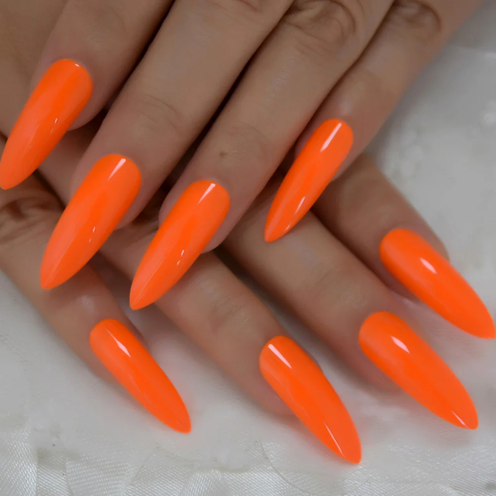 Neon Fake Nails Extremely Long Bright Orange Shiny Press On Nail ...