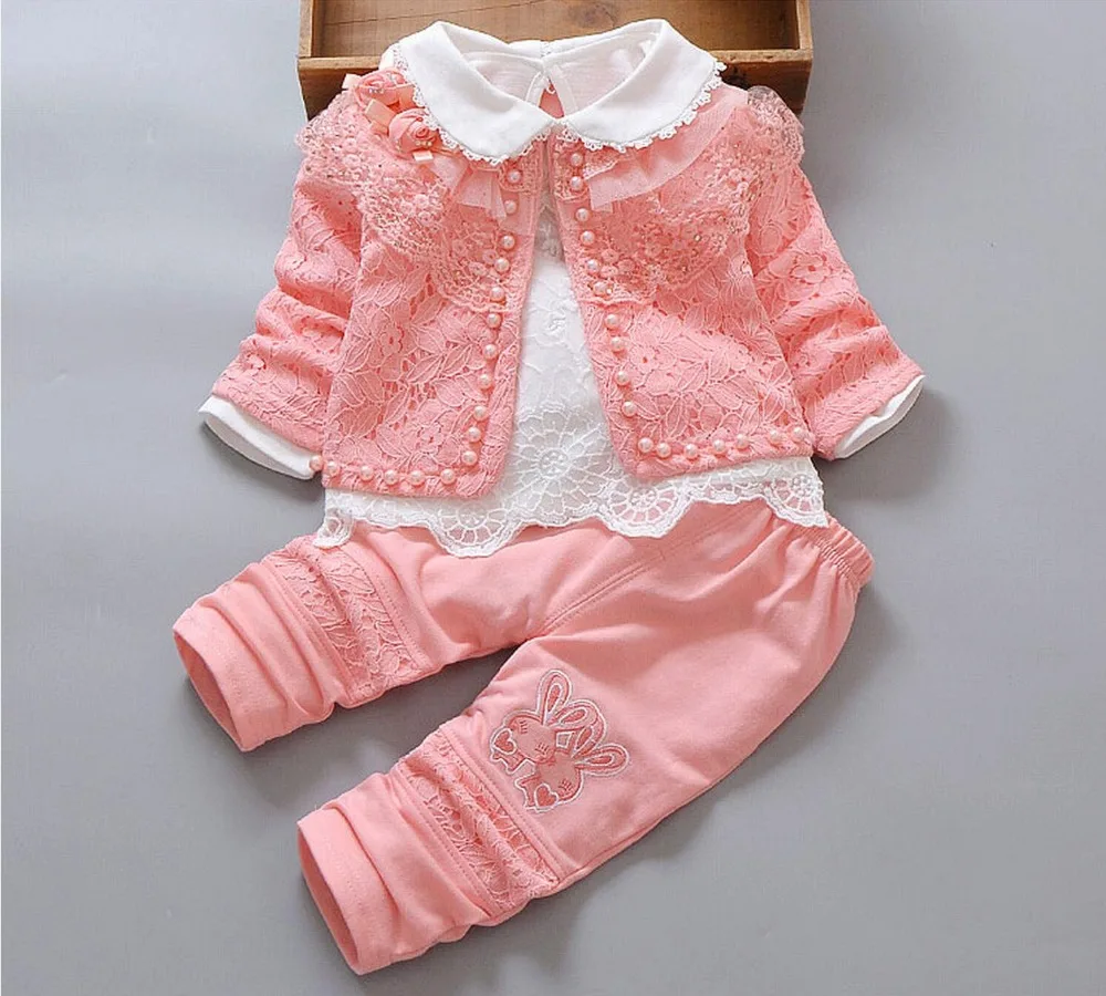 Новые весенне-осенние комплекты из 3 предметов для маленьких девочек, детская белая кружевная футболка для новорожденных, топы+ пальто с цветочным принтом, куртки+ брюки, От 0 до 2 лет вечерние подарки
