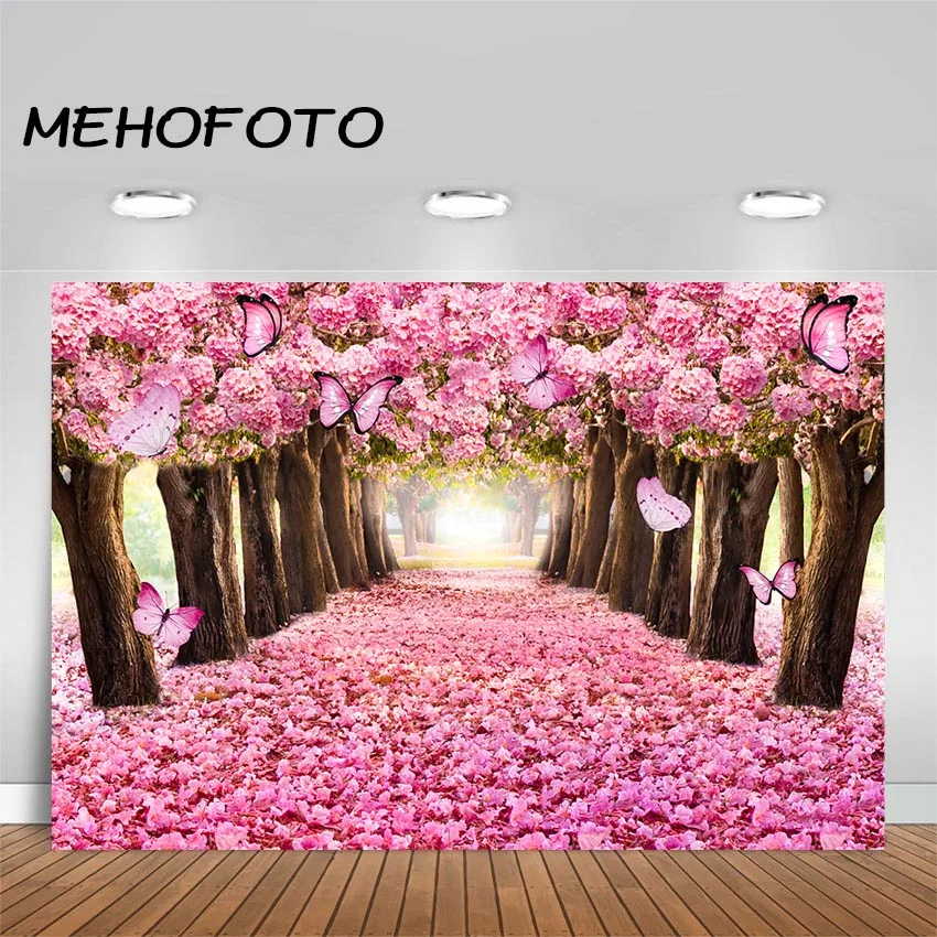 Mehofoto Pink Flower Trees Backdrop Romantic Flower Butterfly