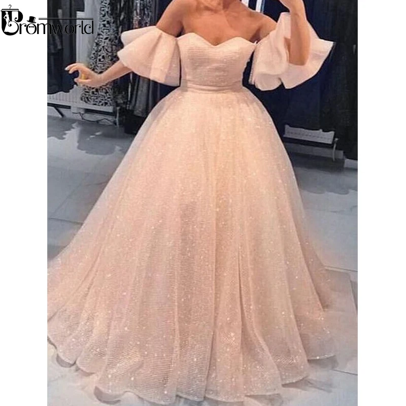 

Sparkly Ball Gown Muslim Evening Dresses 2019 Sweetheart Ruffled Sleeves Peach Prom Dress Dubai Saudi Arabic Long Evening Gown