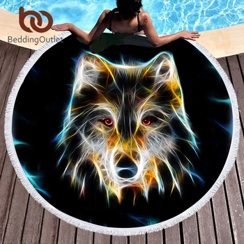 

BeddingOutlet 3D Wolf Large Round Beach Towel for Adults Microfiber Black Bath Towel Tassels Vivid Animal Picnic Mat 150cm