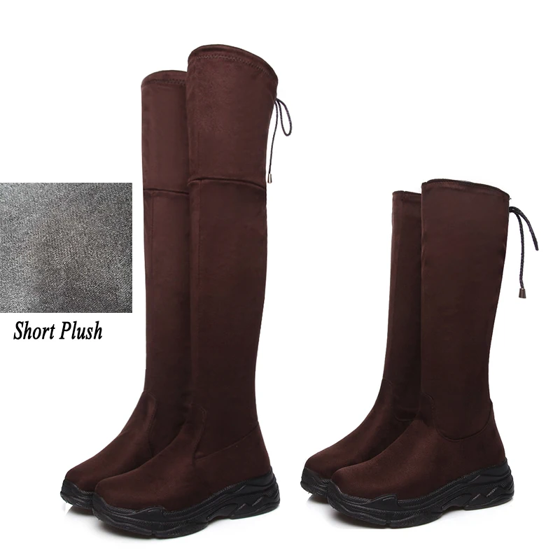 Achat 2018 Plus La Taille 44 Femmes D équitation Chevalier Bottes En Daim Femelle D hiver Longue Sur Le Genou Chaussette Bottes Dame Brun Caoutchouc plate forme Chaussures