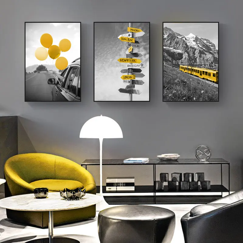 

Black and White Landscape Posters and Print Nordic Canvas Painting Home Decor Wall Art Yellow Style Picture Modern Living Room