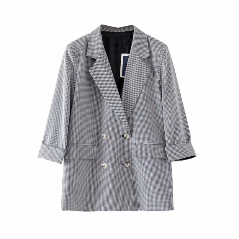 

Vintage Double Breasted Office Ladies Plaid Blazer three quarter Sleeve Loose Houndstooth Suit Coat Jacket Women blazers Female