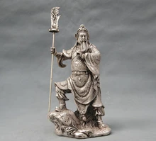 free shipping S0468 9 China Silver Bronze Guan Gong Dragon Sword Door Guardian Statue